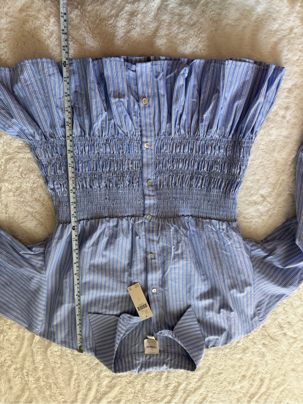 Maeve Anthropologie NWT Smocked Peplum Blue Stripe Cotton Blouse L - Picture 6 of 9